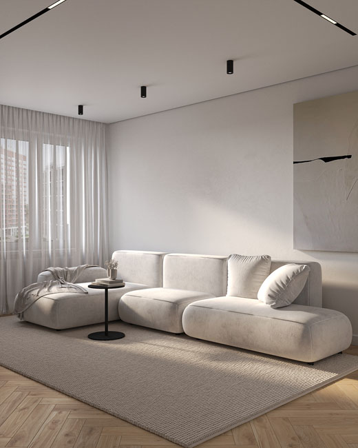 Стильная гостиная с эффектным диваном PUZZLE